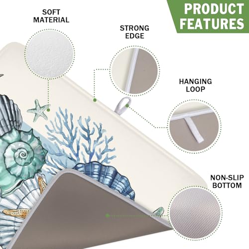 Summer Sea Shell Drying Mat 18x16 Inch (White Blue Teal / 18" x 16")