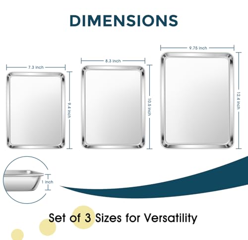 Stainless Steel Baking Sheet Set of 3 (Flat bottom / 12.5"/10.5"/9.4" - 1" Depth)