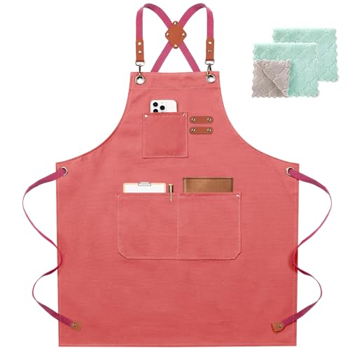 Chef Apron for Women Men with Large Pockets (Pink)