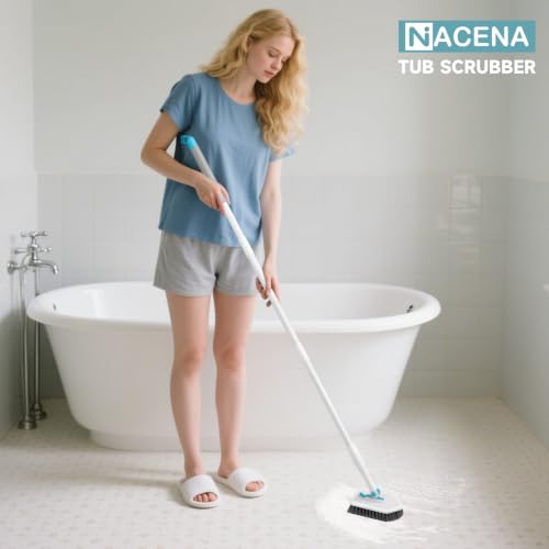 Shower Scrubber with Long Handle (Blue White / 2 pads+squeegee)