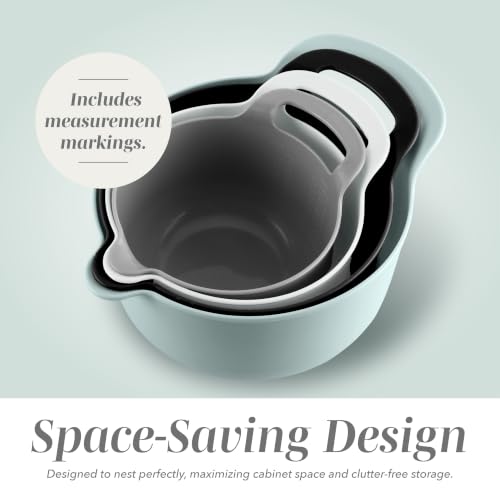Nesting Plastic Mixing Bowl Set with Pour Spouts and Handles (Mint / 4 Piece Non-Slip)