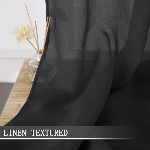 Short Sheer Curtain Living Room Linen Textured Curtains Sheer Light Filtering Voile Rod Pocket Curtain for Bedroom (38"W x 54"L (Pack of 2) / Black)