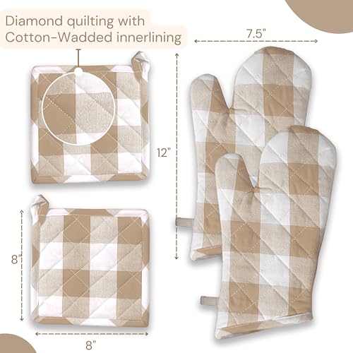 Buffalo Plaid Check Oven Mitts and Pot Holders Set (Beige, Buffalo Plaid)