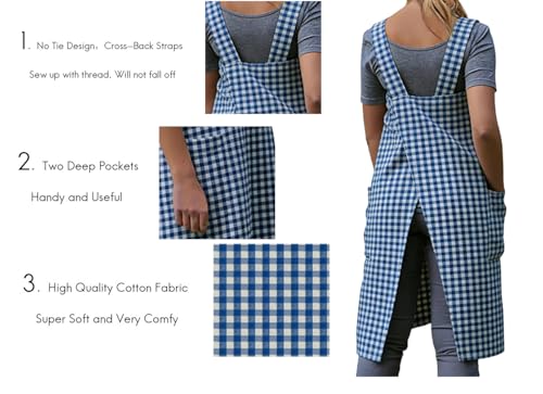 Women's Pinafore Square Apron Baking Cooking Gardening Works Cross Back Cotton (Small / Plaid-royalblue)