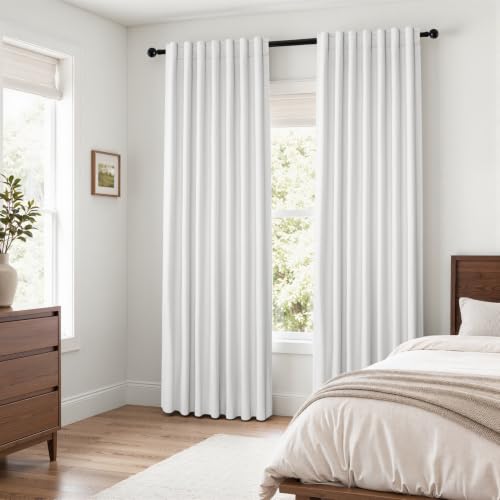 Snow White Blackout Linen Curtains 102 Inches Long for Bedroom Back Tab 100% Black Out Curtains Memory Shape Noise Reducing Rustic Farmhouse Living Room Darkening Window Drapes 2 Panels (Snow White / 52"W x 102"L (Pack of 2))