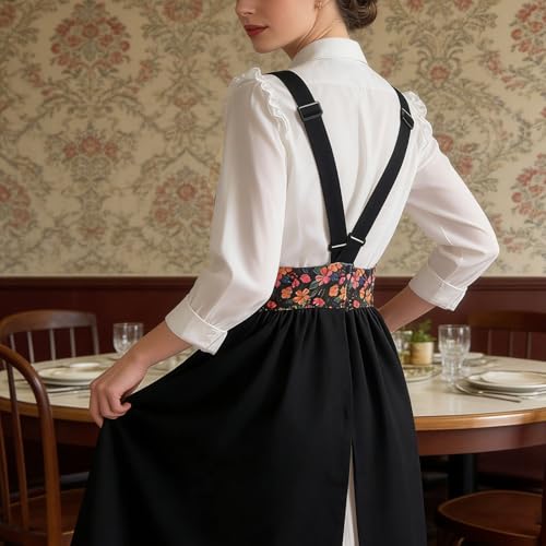 Cotton Linen Apron Cross Back Apron for Women with Pockets Pinafore Dress (Floral Black)