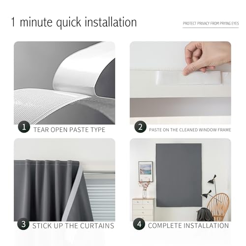 Magic Tape Blackout Curtains for Bedroom No Drillng Self Adhesive Curtains No Rod Small Window (59"W x 96"L (Pack of 2) / Grey)