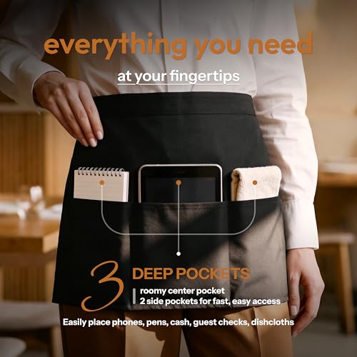 12 Pack Black Server Waist Aprons with 3 Pockets (Black Waist Apron - 12 Pack)