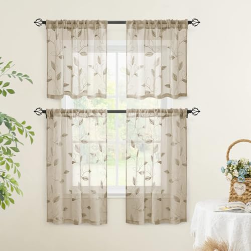 Taupe Kitchen Sheer Curtains Leaf Embroidered (30"W x 24"L (Pack of 2) / 2-taupe/Beige)