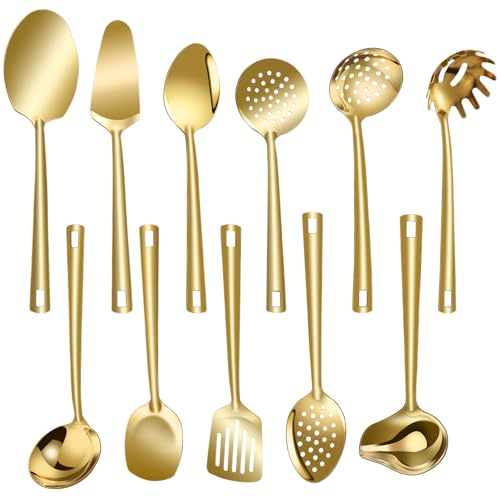 Cooking Utensil Set 11 Pcs Stainless Steel Kitchen Utensils Set Wok Utensils Kitchen Tool Set Spatula Set Heat Resistant Metal Kitchen Tools Ergonomic HandleEasy to Clean Dishwasher Safe (Gold)