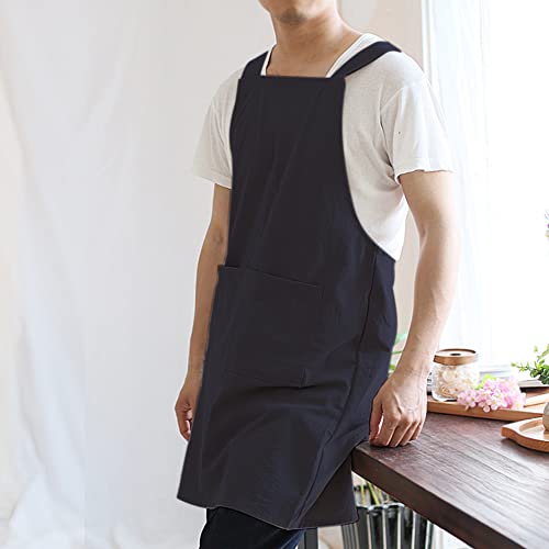 Japanese Linen Cross Back Kitchen Cooking Aprons for Men with Pockets for Baking Painting Gardening Cleaning Navy (13 - Men's Navy)