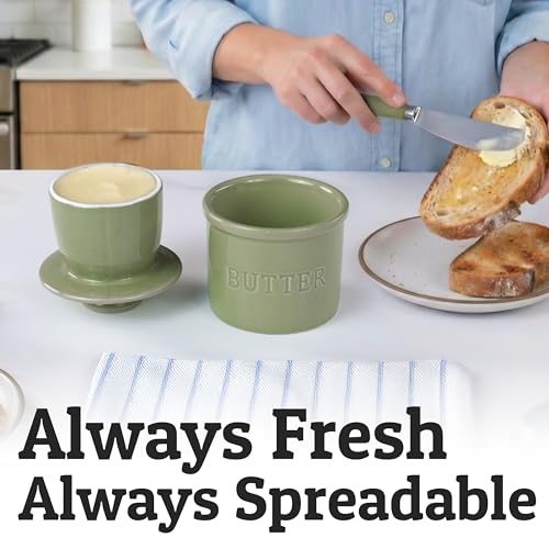 Butter Crock with Lid for Countertop with Spreader Knife and Water Line (Sage / Regular)