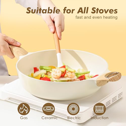 Ceramic Nonstick Frying Pan Skillet with Lid (3.8QT / 10.5IN / Ceramic White)