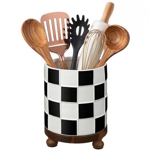 Kitchen Utensil Countertop Holder Checkered Utensil Crock (Black and White Checkered)