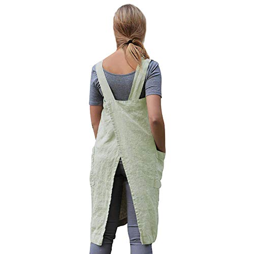 Women's Pinafore Square Apron Baking Cooking Gardening Works Cross Back Cotton (Medium / Y-light Green)