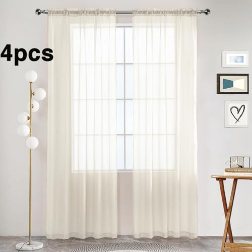 Ivory Sheer Curtains 4 Panels Rod Pocket Semi (Ivory / 52"W x 90"L (Pack of 4))