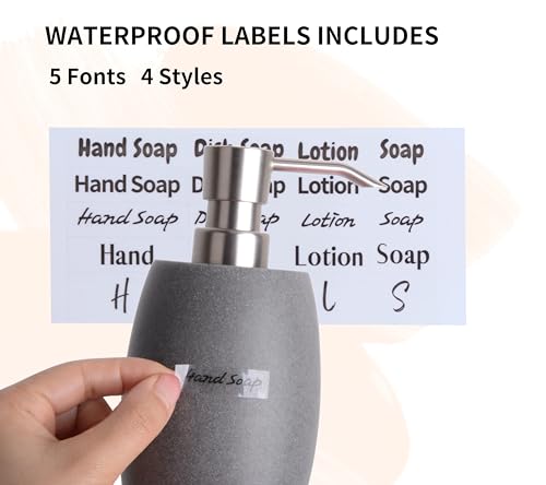 Sandstone Textured Resin Soap Dispenser with Metallic Pump and Waterproof Bottle Labels for Bathroom Kitchen Dish Hand Wash Shower Lotion Shampoo (Dark Gray)