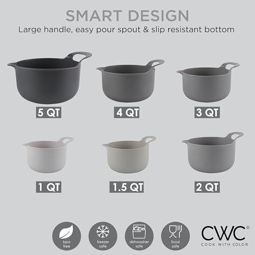 Nesting Plastic Mixing Bowl Set with Pour Spouts and Handles (Gray 6 Piece / 6 Piece Non-Slip)
