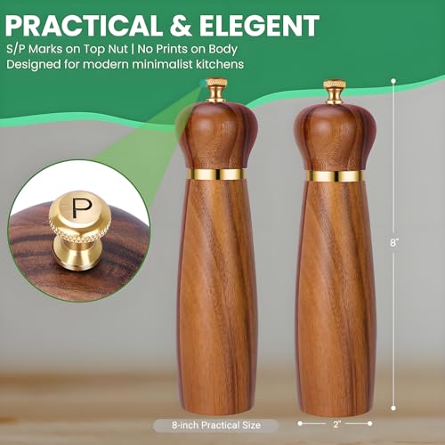 Acacia Wood Salt and Pepper Grinder Set (Brown / 8-Inch without Tray)