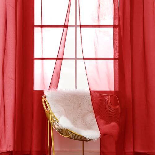 Sheer Voile Window Treatment Rod Pocket Curtain Panels for Kitchen Bedroom Living Room Drapes Sunlight Filtering Privacy Semi Home Decor Assorted Colors Sizes (Christmas Red / 52"W x 96"L (Pack of 2))