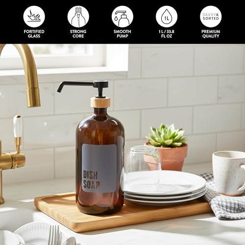 Amber Glass Dish Soap Dispenser for Kitchen Sink 1 Liter (Amber - Dish Soap 1 Ltr)