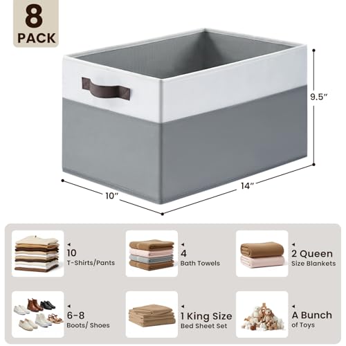 Large Storage Baskets 8 Pack Versatile Fabric Storage Bins for Closet Cabinet Wardrobe Nursery Pantry (8pcs - Rectangular 14"x10"x9.5" / White with Grey)