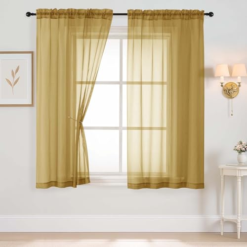 Gold Sheer Curtains 63 Inch Length 2 Panels (42"W x 63"L (Pack of 2) / Gold)