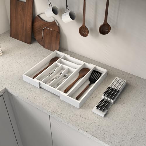 Bamboo Silverware Drawer Organizer (White / Extra Large)