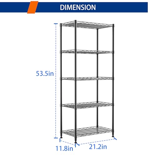 5 Wire Shelving Metal Storage Rack Adjustable Shelves (Black / 5tier 11.8"D x 21.2"W x 53.5"H)