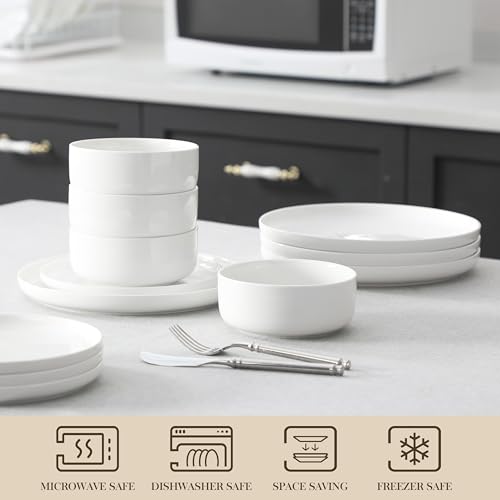 12 Pcs Porcelain Plates and Bowls Sets (Ivory White / 12 Pcs (Service for 4))