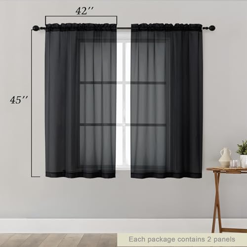 Black Sheer Curtains for Bedroom Living Room 45 Inch Length 2 Panels (Black / 42"W x 45"L (Pack of 2))