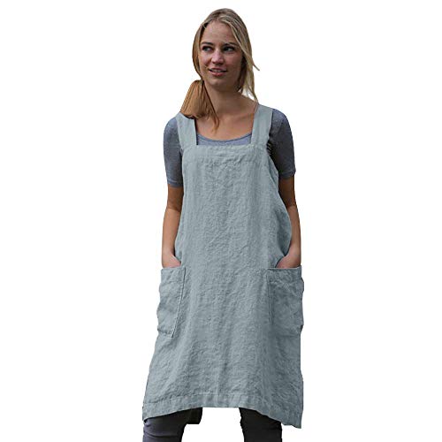 Women's Pinafore Square Apron Baking Cooking Gardening Works Cross Back Cotton (Large / Light Blue)