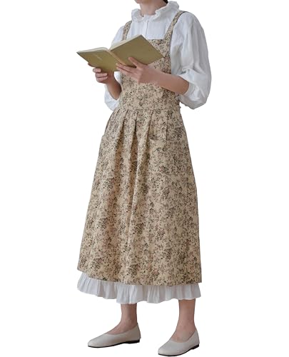 Japanese Cotton Linen Cross Back Work Apron for Women with Pockets Pinafore Dress Smock (04-yellow)