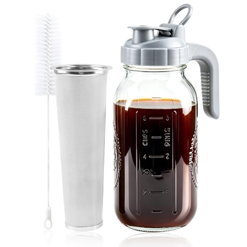 Cold Brew Coffee Maker 64oz Mason Jar Pitcher with Stainless Steel Filter (Grey-64OZ / 64 Ounces)