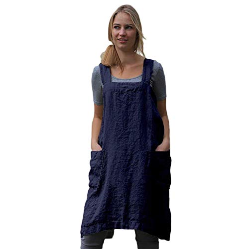Women’s Pinafore Square Apron Baking Cooking Gardening Works Cross Back Cotton (3X-Large / Blue)