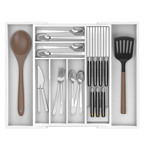 Bamboo Silverware Drawer Organizer (White / Extra Large)