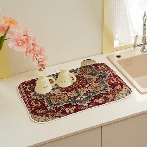 Burgundy Red Dish Drying Mat 18 x 24 inch Bohemian Rug Carpet Decorative Drying Mats Microfiber Absorbent Boho Dish Washable Draining Mat for Kitchen Counter Decor (18" x 24" / Burgundy Red Boho)