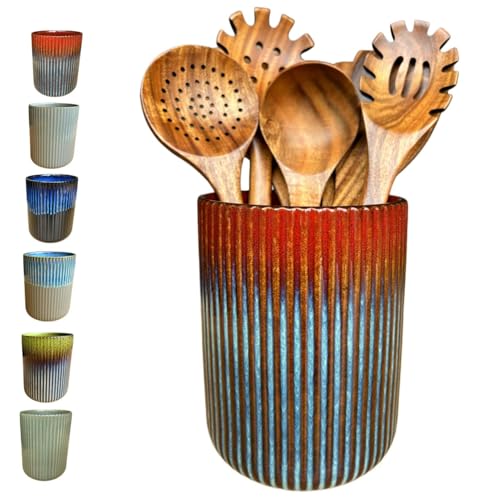 Large Stoneware Kitchen Utensil Holder for Kitchen Counter & Countertop Cooking Utensil Holder Spatula Holder Utensil Crock for Kitchen Counter Vertical Ribbed Fluted Stripe (Retro Red)