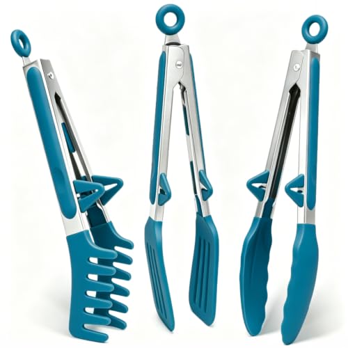 9" Kitchen Tongs for cooking with Silicone Tips (9 Inch / Peacock Blue)