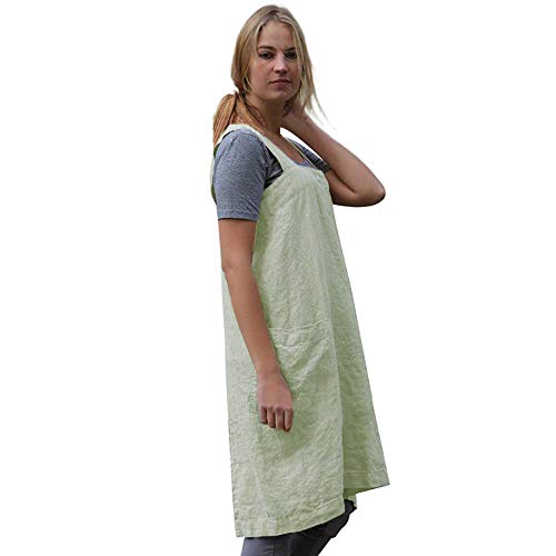 Women's Pinafore Square Apron Baking Cooking Gardening Works Cross Back Cotton (XX-Large / Y-light Green)