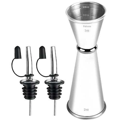 Jigger for Bartending with 2 Pourers (1 Jigger+ 2 Pourers with Caps / Silver)