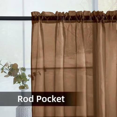 Solid Sheer Rod Pocket Curtain Voile Draperies 2 Panels White Beige Black Ivory Coffee 26 Inch Width 24 Inch Long 1 Pair for Kitchen Bedroom Children Living Room Yard (Brown / 26"W x 24"L (Pack of 2))