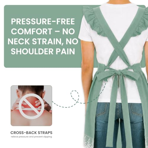 Aoomzoom Vintage Aprons for Woman with Pockets Cute Lace Ruffle Adjustable Apron for Cooking Kitchen Baking Gardening (Light Green)