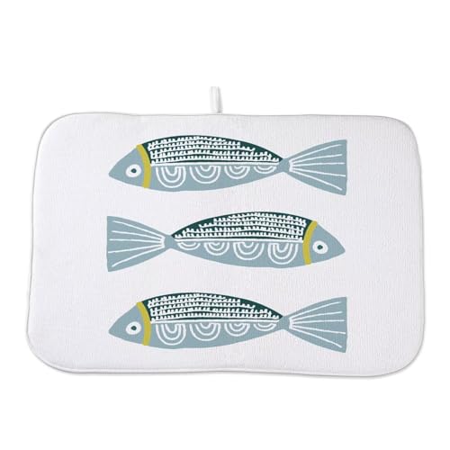 Coastal Dish Drying Mat 18 x 24 inch Beach Blue Fish Print Decorative Drying Mats Microfiber Absorbent Ocean Dish Washable Draining Mat for Kitchen Counter Decor (18" x 24" / Fish)