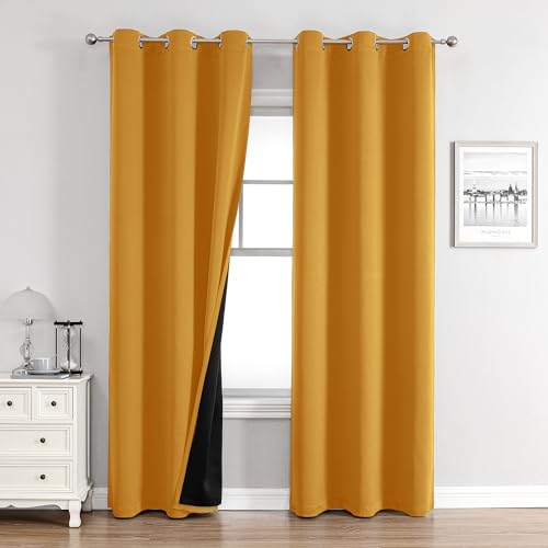 100% Blackout Curtains for Bedroom 84 Inches Long 2 Panels Set (42"W x 84"L (Pack of 2) / Mustard Yellow)