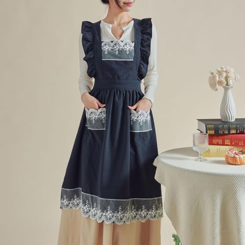 Cute Cotton Apron Frilly Lace Ruffle Adjustable Pinafore Apron Dress with Pockets for Cooking Baking Cleaning Gardening (Navy)