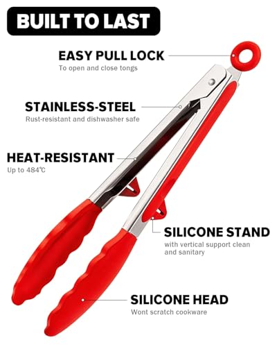 Kitchen Tongs for Cooking (Red / 9 inch)