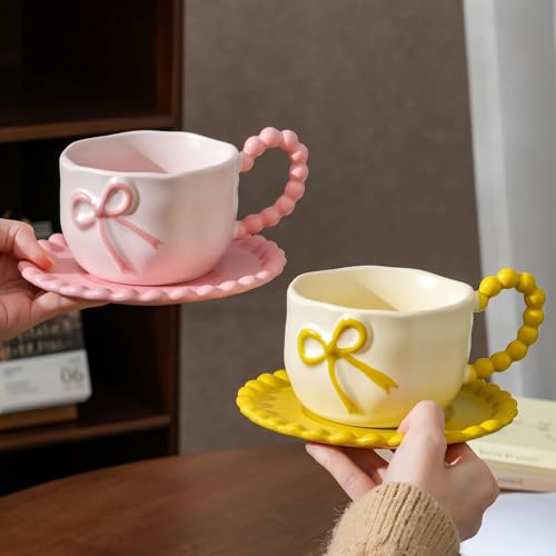 Bow Coffee Mug Pink Coquette Coffee Mugs Set with Saucer 12 OZ Porcelain Tea Cup Bow Cute Mug for Women Girl (#B Pink Bow Coffee Mug)
