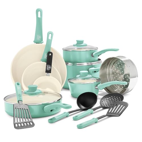 16 Piece Ceramic Nonstick Pots & Pans Cookware Set (16 Piece Cookware Set / Soft Grip / Mint Green)