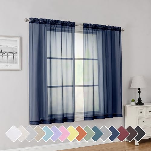 Navy Short Sheer Curtains 45 Inch Length for Small Windows (Navy Blue / 42"W x 45"L (Pack of 2))